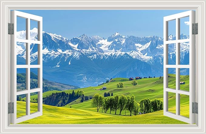Fake Window Wall Decal- Mountain Forest Green Grassland Open Wall Sticker | Faux Window Natural Scenery Landscape Art Mural｜Stick and Peel Wall Decals｜Room Bedroom Office Scene Picture Decor｜24"x16 by Clickhere