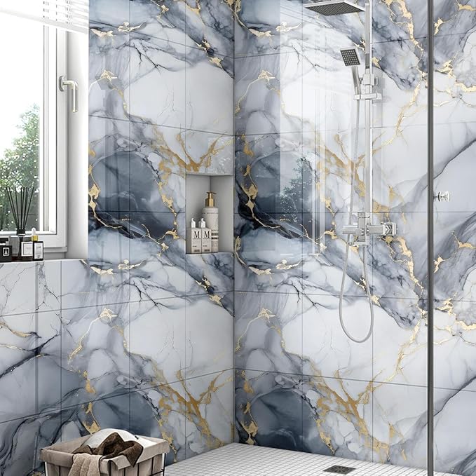 Chejiaye 10pcs Marble Peel and Stick Backsplash Waterproof Washroom Wall Panels, Peel and Stick Tile, PVC Foam Wall Panels for Kitchen,Bathroom,Living Room,Blue and Gold(Not Real Tile,11.8" x 11.8") - Image 2