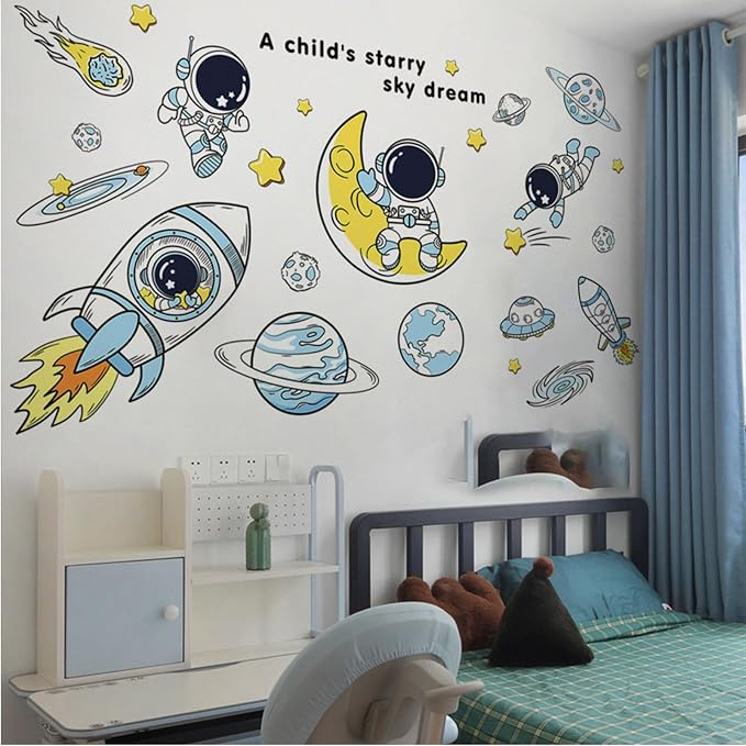 Arawat Space Decor Astronaut Wall Stickers - Space Theme Bedroom Classroom Playroom Murals & Decals - Wall Decals for Boys Girls Room - Outer Space Wallpaper With Planets - Image 6