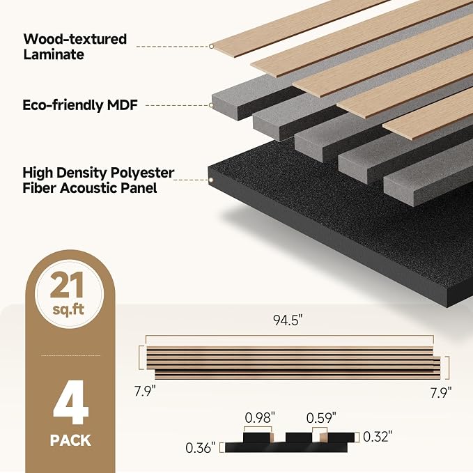 INMOZATA Wood Panels for Wall Acoustic Wood Slat Wall Panels Nature Oak | 3D Fluted, Soundproof Wall Paneling for Interior Accent Wall Decor Living Room Bedroom & Office, 4 Pack 94.5" x 7.9" 21 ft² - Image 5
