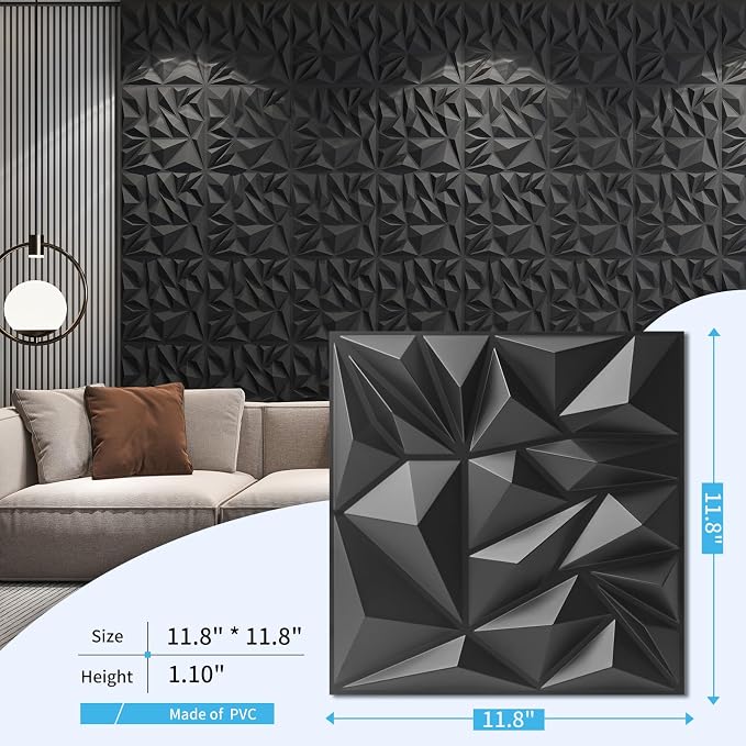 Art3d 50-Pack Modern Diamond Textured 3D Wall Panels, 12 x 12 in, Black | Light PVC, Waterproof, Scratch Proof, Decorative Wall, Ideal for Home, Office & Commercial Spaces - Image 4