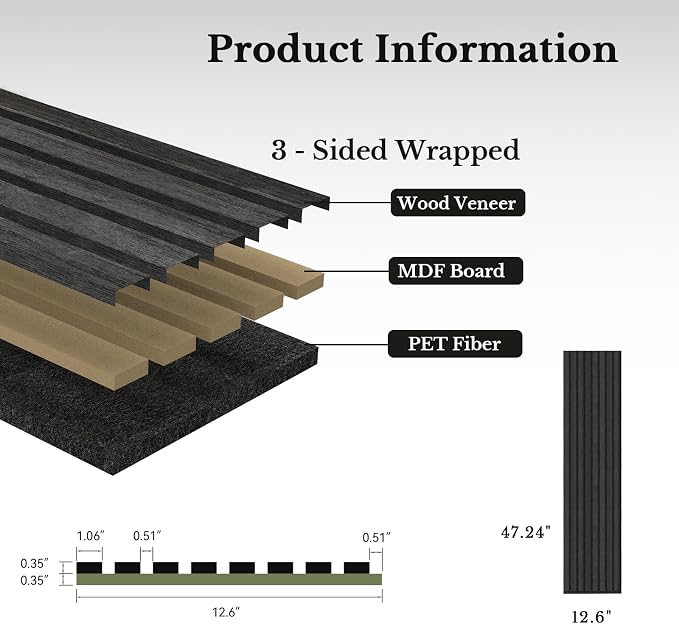 MISSDAY Wood Slat Acoustic Wall Panels, 2 Packs 47.2" x 12.6" Black Soundproof Panel For Interior Wall Decor Noise Absorbing-3D Textured Wooden Panel Sound-Absorbing for Home, Office, Studio - Image 6
