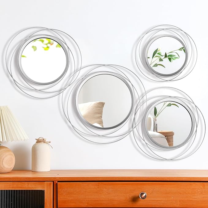 Hicarer 4 Pcs Decorative Wall Mirror Round Modern Mirror Circle Mirror Wall Art Ring Metal Mirror Wall Decor Wall Mounted Mirror for Bedroom Living Room Entryway Dining Room Hallway (Silver) - Image 7