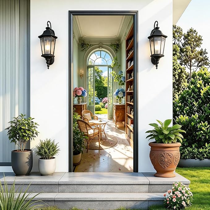 Sunlit Reading Nook Peel and Stick Door Mural 30.31x78.74 in | Sunlit reading nook with a garden view; self-adhesive vinyl that smooths onto flat study or bedroom doors by Cmialusie