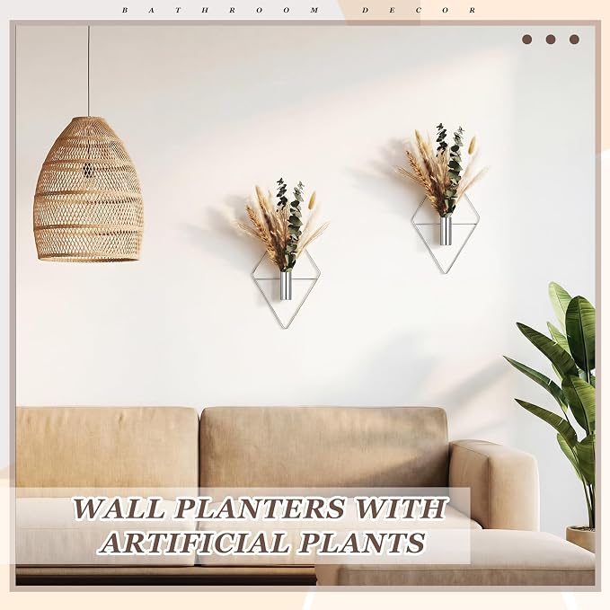 Jexine 4 Pcs Hanging Artificial Planters Wall Decor, Chrome Silver, Pampas | Bathroom Wall Decor, Geometric Metal Vase, Indoor Plants, Living Room, Home Office, Entryway, Boho Accent, Wall Mounted - Image 6
