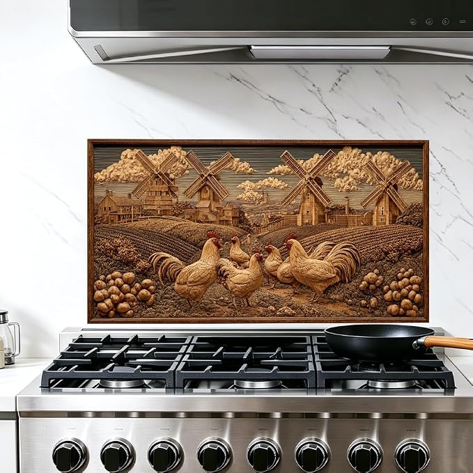 Rooster Windmill Kitchen Backsplash Peel and Stick, 30x16 in | Faux wood-carved rooster and windmill farmscape on warm walnut tones; flat 2D waterproof peel and stick; wipe clean; 30x16 in by JOYHAUE