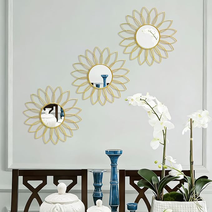 3 Pack Metal Mirrors for Wall Sunburst Wall Mirrors Home Décor Decorative Hanging Wall Art for Living Room Bedroom Entryway (Gold2, Flowers) - Image 4