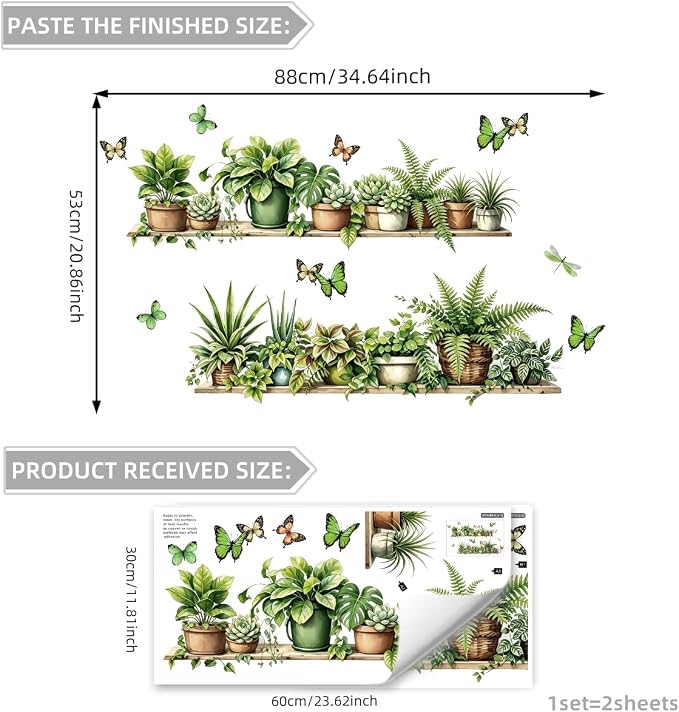 3D Green Potted Plant Wall Decals - Tropical Butterfly Leaves Vinyl Wall Stickers, Peel and Stick, Removable, Wall Art - for Living Room, Bedroom, Tv Background, Home Office, and Wall Mural - Image 2