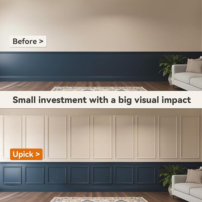 Upick Peel and Stick Wainscoting Pre-Cut Wall Molding Kit, 24"x54", 6-Frame | PS Panels,Moisture Resistant,Pre-Primed,DIY Installation,Accent Walls,Living Room,Hallway,Bathroom,Trim for Walls - Image 7