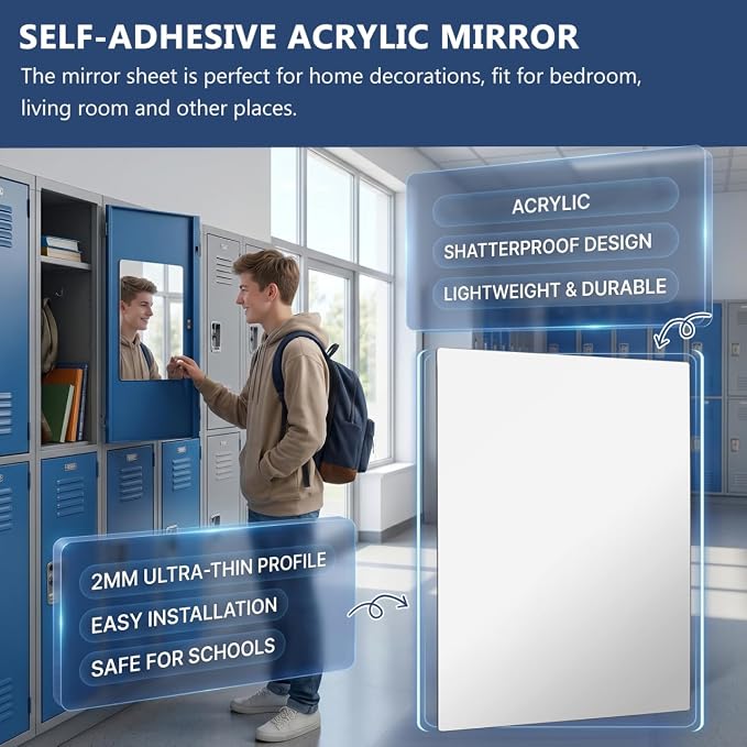 Shatterproof Acrylic Mirror Sheet: 16"x12" (2mm Thick) Frameless Wall Mirror with Rounded Corners, Self-Adhesive Unbreakable Reflection Decal for School Locker, Gym & Dorm - Image 4