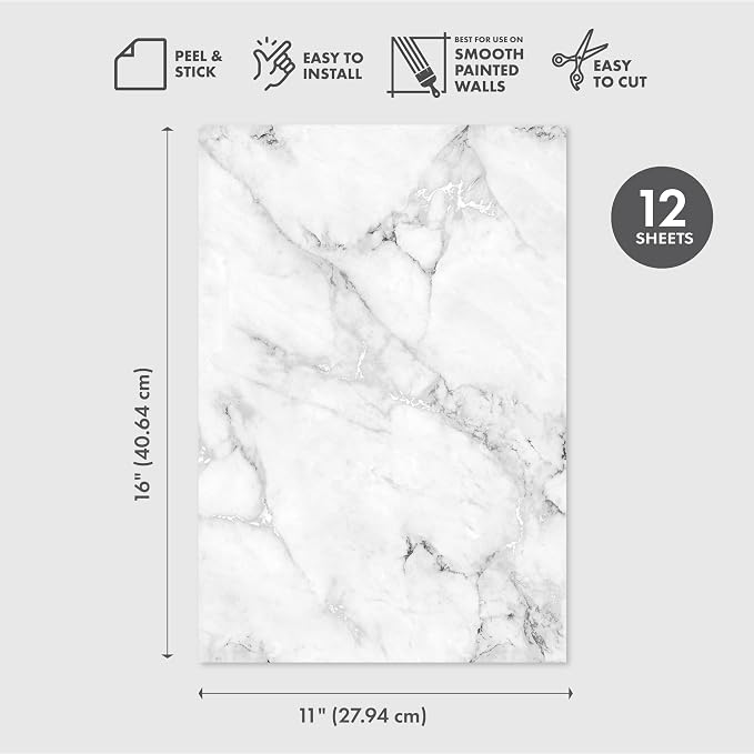 Main Street Peel and Stick Wallpaper Sheets, Carrara Marble, 12-Pack | 11 x 16 in sheet size; Covers up to 14.67 sq ft; Eco-friendly paper material; No paste or additional adhesive required - Image 2