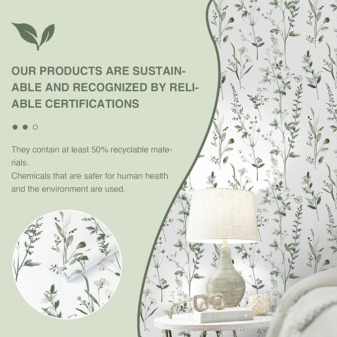 Peel and Stick Wallpaper for Bedroom Green Leaves Self-Adhesive | 393"×17.3" Green and White Wallpaper Fresh Accent Wall Decor with Grid Lines for Bathroom Vinyl Waterproof - Image 3