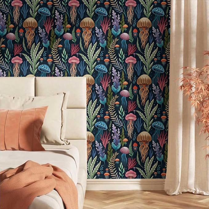 18"x236"Underwater Multicolor Jellyfish Ocean Peel and Stick Self Adhesive Wallpaper Removable Contact Paper Stick on Easy Peel Off Wall Paper for Kitchen Bedroom Bathroom Renter - Image 2