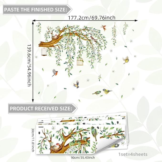 Large Tree Branch Wall Decals Hanging Green Vine Leaves Birds Nest Wall Art Stickers Spring Blossom Flower Tree Home Decor Murals for Living Room Bedroom Tv Background Decor - Image 2