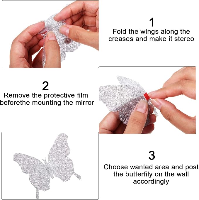 BBTO 48 Pcs 3D Butterfly Mirror Wall Decor,Glitter Silver | Butterfly Stickers,3 Sizes,for Birthday Party Cake,Room Nursery Bathroom Wall Decor,Removable Peel Stick,Reflective - Image 3