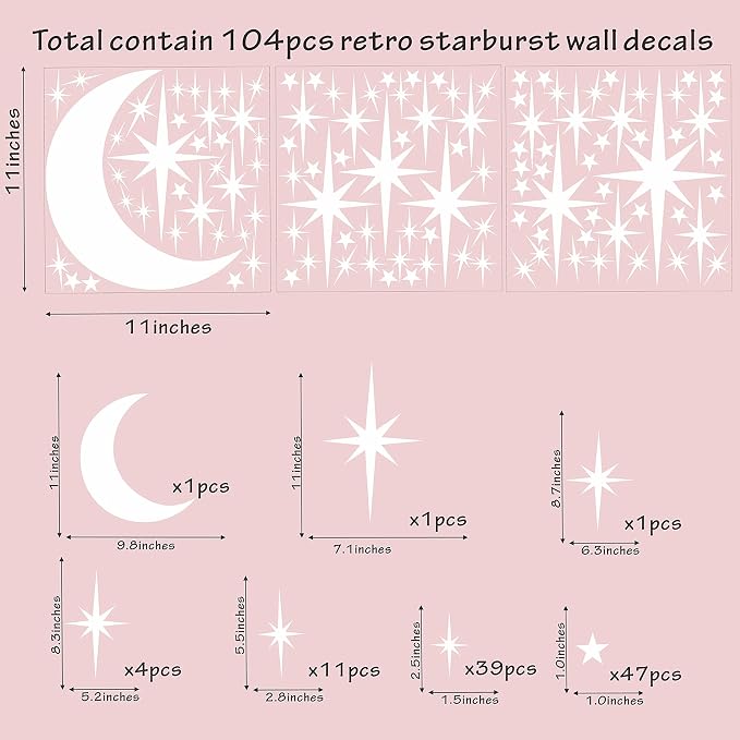 Retro Starburst Wall Decals Stars Wall Sticker Star Moon Vinyl Decal White | Celestial decor, sparkle moon wall stickers decoration, peel and stick, removable art mural, for bedroom living room nursery - Image 7