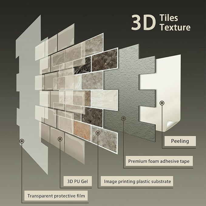 Arttown Peel and Stick 3D Wall Backsplash, 10-Sheet, 12" × 12" Brown Tan | Subway Tiles Self Adhesive Thicker Design Wall Tile Panel Wallpaper for Kitchen Balcony Bathroom Rental Housing - Image 5