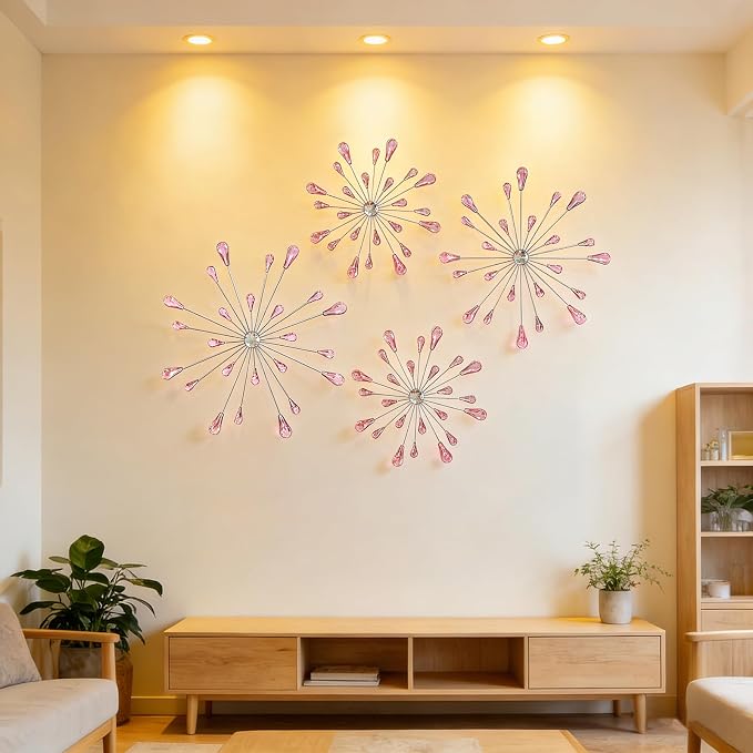 ZEXUIRU 4 Set Silver Starburst Wall Art for Home Decor Metal Bling Crystal Rhinestones Sunburst Wall Decor Sparkling Rhinestone Art Accent -Pink 13in/11.8in/9.8in/9.8in - Image 4