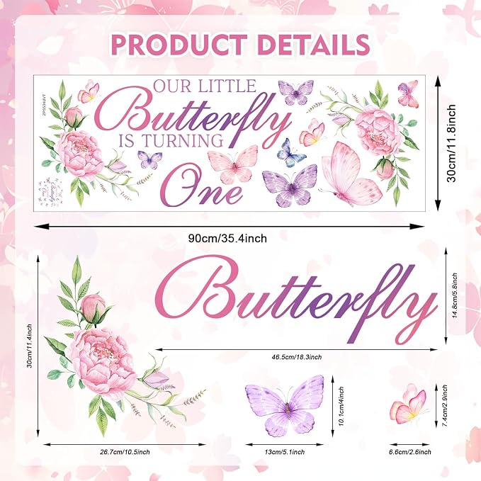 LHIUEM Butterfly First Birthday Decals Purple Our Little Butterfly is Turning One Inspiration Wall Signs Pink Floral Baby Girl Fairy Happy Birthday Party Stickers Supplies for Balloon Arch Background - Image 7