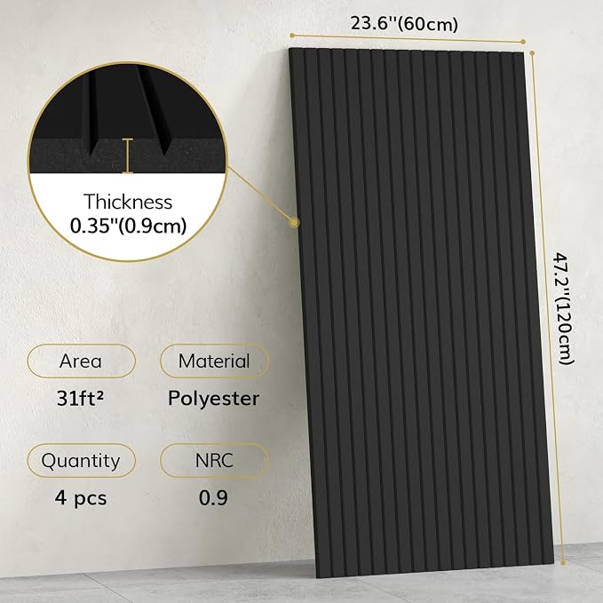TONOR 4 Pack Large Acoustic Panels,47.2" X 23.6" X 0.35" Acoustical Wall Panel, Self-Adhesive Sound Proof Panels, Decorative Soundproof Wall Panels for Echo Absorption for Home Studio Office, Black - Image 3