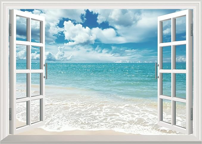 Fake Window Wall Mural White Beach (64"x48") | Peel and Stick Faux Window Wall Sticker Decal Poster for Bedroom Home Decor by LmyhomeMuralsWallpaper