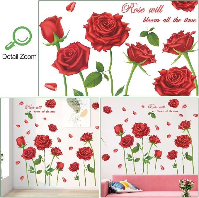 LiveGallery Beautiful Lovely Rose Flowers Wall Decals Removable DIY Butterfly Flower Vines Art Decor Wall Stickers Murals for Living Room TV Background Kids Gilrs Rooms Bedroom Decoration (Red) - Image 2
