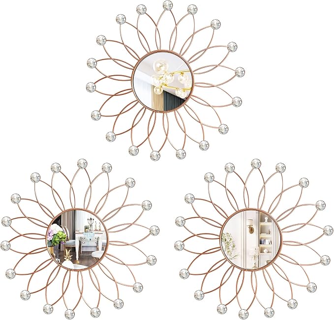 3 Pack Metal Mirrors for Wall Sunburst Wall Mirrors Home Décor Decorative Hanging Wall Art for Living Room Bedroom Entryway (Rose Gold2 Crystal, Flowers) by Uaussi
