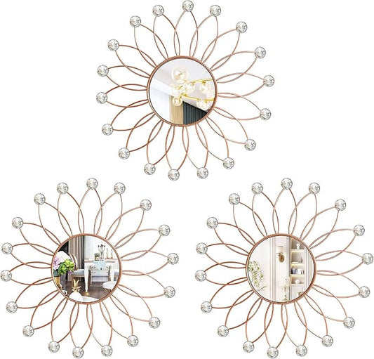 3 Pack Metal Mirrors for Wall Sunburst Wall Mirrors Home Décor Decorative Hanging Wall Art for Living Room Bedroom Entryway (Rose Gold2 Crystal, Flowers) by Uaussi