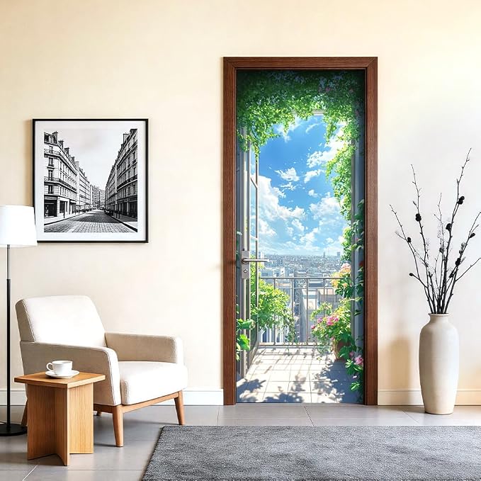 Scenic Balcony Door Mural 30.3x78.7 Inch Garden City View Door Cover | Waterproof PVC, 30.3" W x 78.7" L; scenic balcony design for bedroom, living room, office, entryway or closet door. - Image 2