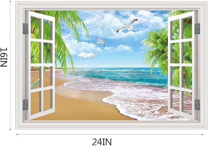 Fake Window Wall Decal- Summer Beach Ocean Coconut Trees Open Wall Sticker | Faux Window Natural Scenery Landscape Art Mural｜Stick and Peel Wall Decals｜for Room Bedroom Office Scene Picture Decor｜24"x16 - Image 4