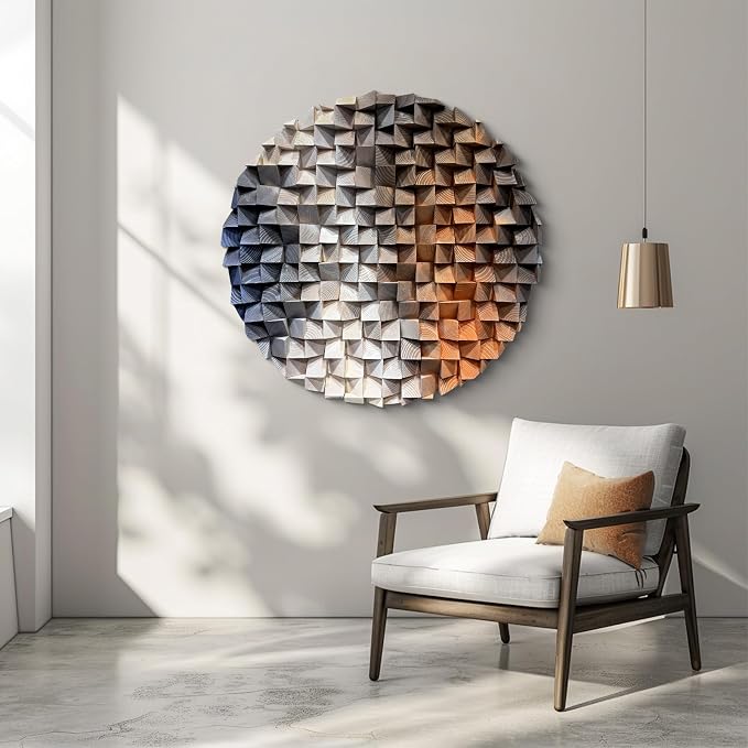 LIUZEYUE Round Wood Wall Art, Split-Tone Cube Mosaic, Modern Wood Accent | round wood wall art; charcoal and copper, raised cube relief; entryway console round-wall accent; 23.6 in diameter - Image 5