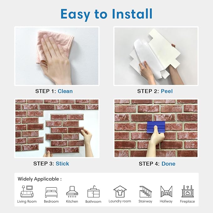 COMSTICKC 3D Faux Brick Wall Panels Peel and Stick, 10 Pcs 11.8" x 11.8" | Red, Not Real Brick, Small Size, Ultra-Light Thin PVC Sticker, Fake Brick Decorative Tiles for DIY Decor, Cover 9.7 sq ft - Image 8