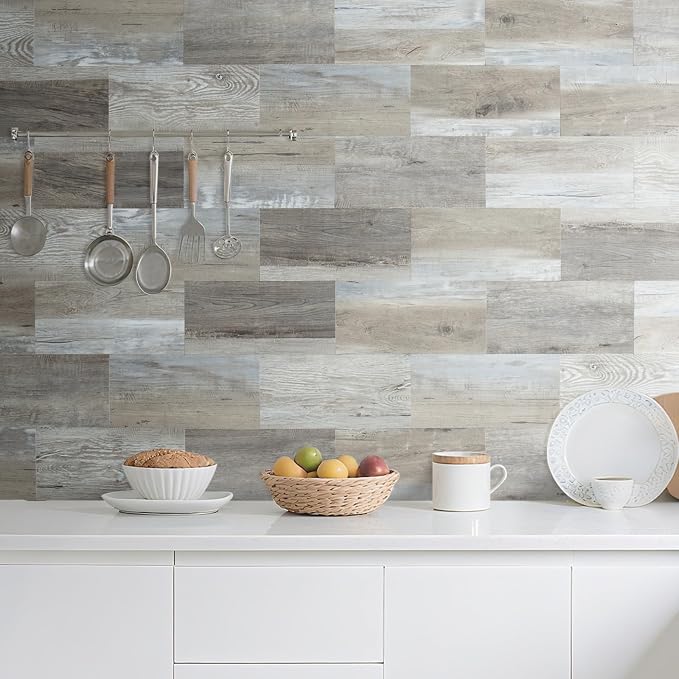 AULIGET 20-Piece Peel and Stick Backsplash Wall Tiles, 6" x 12" Vintage Wood PVC Faux Stone Stick on Tiles for Backsplash Kitchen - Image 7