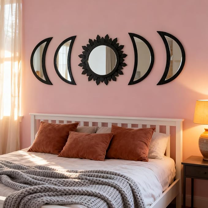 5 Pieces Moon Phase Mirror Wall-Mounted Wall Decor Mirrors Natural Wooden Sunburst Bohemian Wall Art for Home Living Room Bedroom Decoration - Image 4