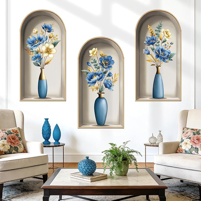 decalmile 3D Flower Vase Blue Floral Gold Leaves TV Wall Decals Stickers by decalmile