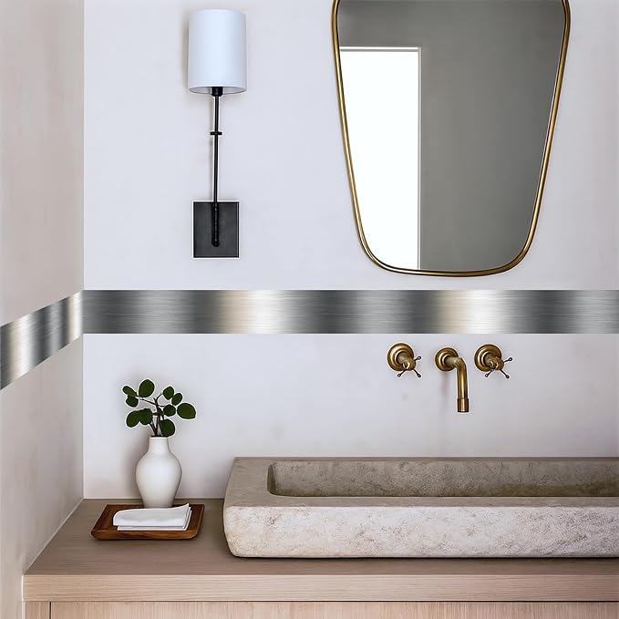 Metallic Stripe Wallpaper Border 196x4 Inch Peel and Stick Wall Border Silver Grey Brushed Metal Pattern Removable Vinyl Wall Trim for Kitchen Bathroom Living Room Office Decor - Image 3