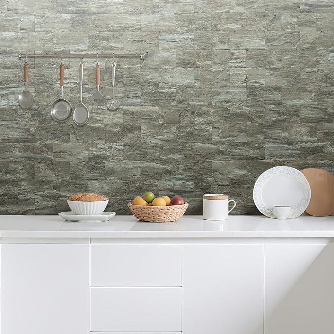 AULIGET 4-Piece Faux Stone Peel and Stick Backsplash Wall Tiles, 3" x 6" Apache Brown Rock PVC Stick on Tile for Backsplash Kitchen, Bathroom, Laundry Room, Camper, Fireplace - Image 5