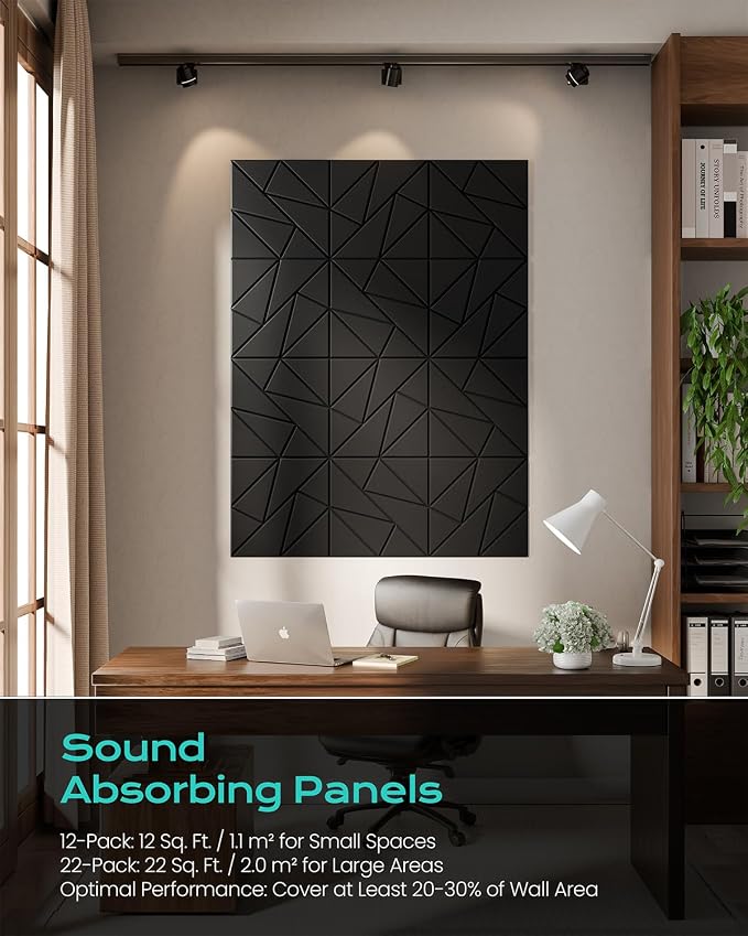 18 Pack Geometric Design Sound Proof Foam Panels for Walls 12"x12"x0.4" Fabric | Cuttable self-adhesive acoustic panels for home office studio noise reduction with flexible DIY layout, decorative Black - Image 6