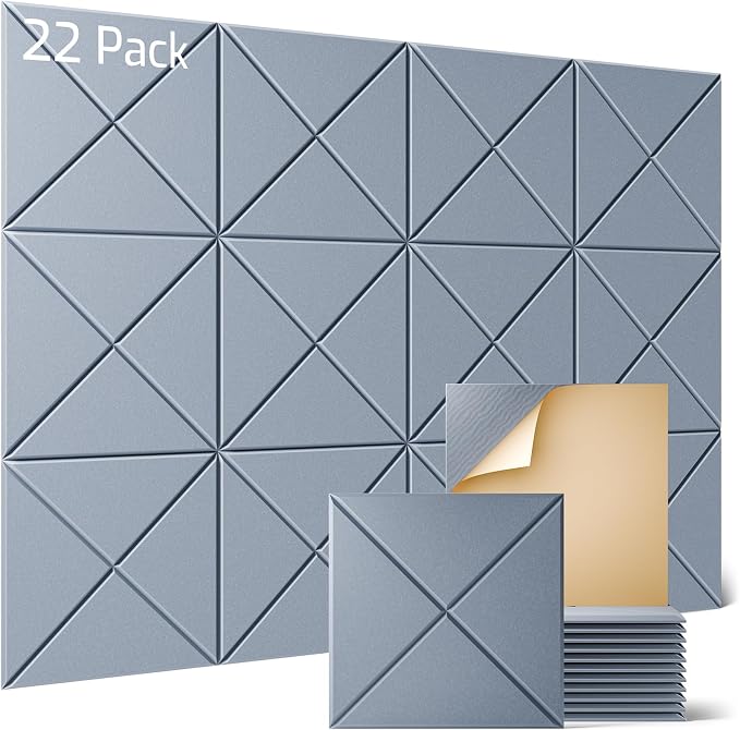 Sonicism 22 Pack X-Lined Acoustic Panels with Self-Adhesive, 12"X 12"X 0.4" Sound Proof Foam Panels, Decorative Soundproof Wall Panels, Sound Absorbing Tile for Home & Offices, Smoky Gray by Sonicism