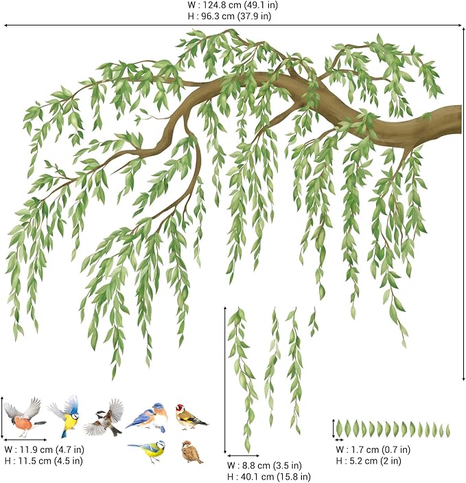 DECOWALL Large Green Leaf Willow Branch Wall Stickers Decals (SG4-2521) | Watercolor willow scene with songbirds and cascading leaves; peel and stick, removable nursery, bedroom and living room decor - Image 6