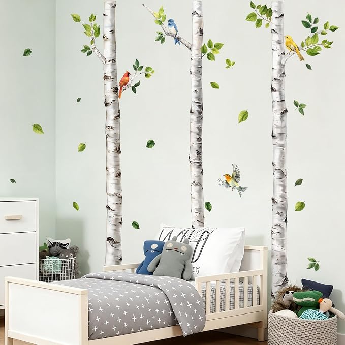 68.5" Large Birch Tree Wall Decal White Aspen Tree Birds Wall Stickers Peel and Stick Birches Wall Art Decor for Bedroom Living Room Office Baby Nursery(H 68.5" x W 65.4") | White Tree Animals Forest Bird Leaves Decorative Wall Stickers for Kids Baby B... by Supzone