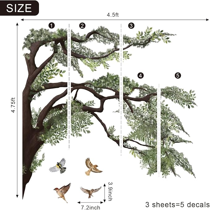 4.8 Ft x 4.6 Ft Oak Tree Wall Decals, Muted Vintage for Teen Room | Woodland Oak Tree Peel and Stick Mural, Bird on Branch, Calming Decor for Teen Study Room, Classroom and Reading Nook - Image 4