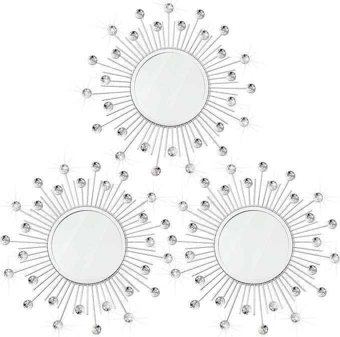 3 Pack Metal Mirrors for Wall Sunburst Wall Mirrors Home Décor Decorative Hanging Wall Art for Living Room Bedroom Entryway (Silver Crystal, Sunburst) by Uaussi