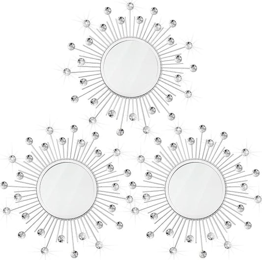 3 Pack Metal Mirrors for Wall Sunburst Wall Mirrors Home Décor Decorative Hanging Wall Art for Living Room Bedroom Entryway (Silver Crystal, Sunburst) by Uaussi