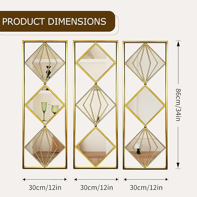 Set of 3 Large Gold wall Mirror Decor, Gold Rust Resistant Metal Frame Decorative Mirror, Rectangula Layout Wall Mount Mirror for Living Room Bedroom Entryway, Dual Use Decor Grooming - Image 2