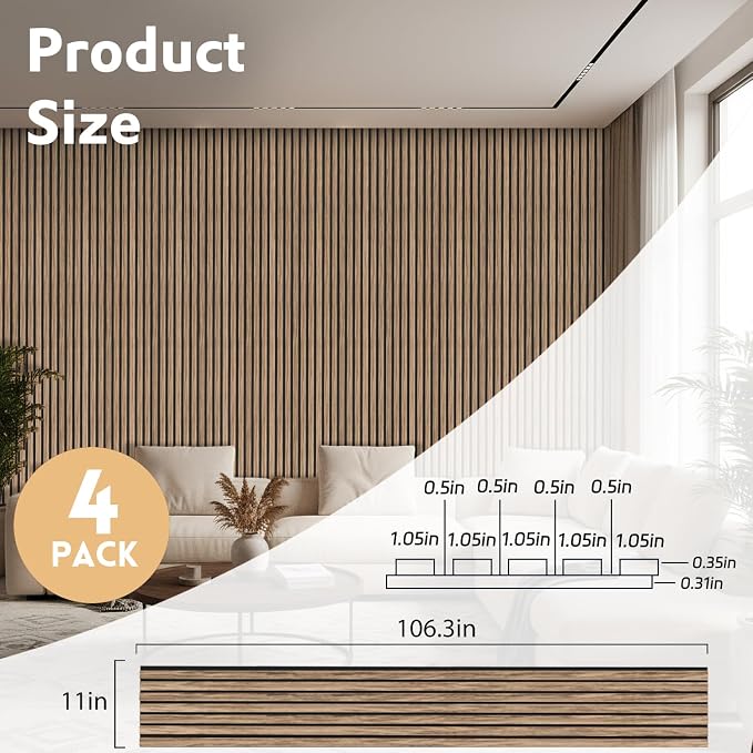 4 Pack Wood Panels for Wall, 106.3" × 11" Wood Slat Acoustic Panels for Wall, Soundproof Panels, 3D Fluted Panels for Interior Wall Decor (Natural Walnut) - Image 2