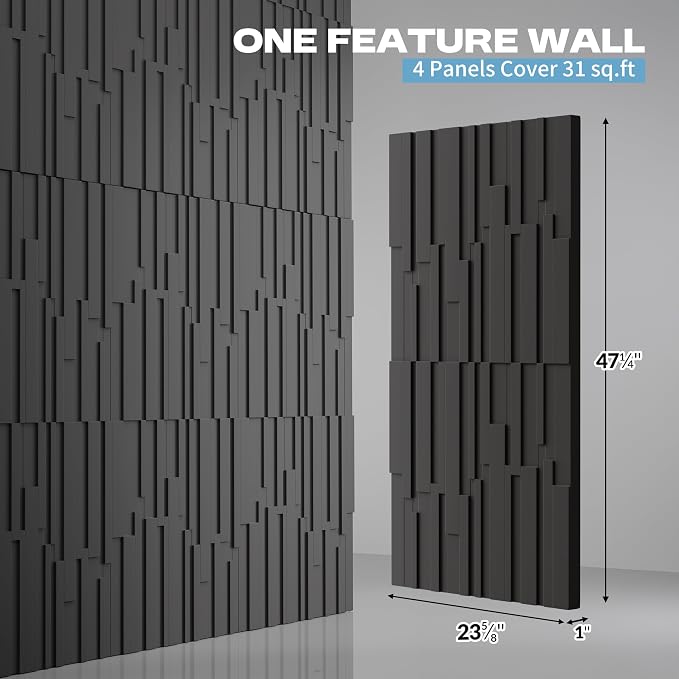 Large PU Decorative Wall Panels, 4-Pack Covers 31 Sq.Ft – 47.2" × 23.6" 3D Architectural Accent Wall Panels for Living Room, TV Wall, Office & Commercial Spaces (Black) - Image 2