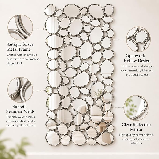 Large Wall Mirrors Decorative - 27.5x55 Inch Silver Living Room Mirrors for Wall Decor, 71 Piece Multi-Size Pebble Design Metal Framed Accent Mirror for Entryway Living Room Home Decor - Image 3
