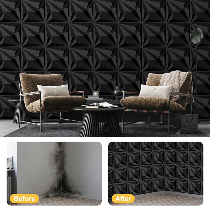 33-Pack 3D Wall Panels Black for Interior Wall Decor, Waterproof PVC Diamond Texture Accent Wall Panels for Gaming Room Living Room Bedroom Office, 12"x12" Matte Black Geometric Wall Tiles - Image 2