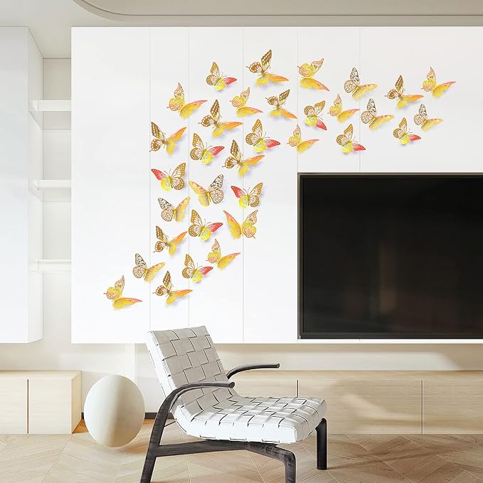 SAOROPEB 3D Butterfly Wall Decor 48 Pcs Laser Gold Butterfly Decorations | 4 Styles 3 Sizes, Birthday Decorations Butterfly Party Decorations&Butterfly Cake Decorations-Removable Gold Butterfly - Image 4
